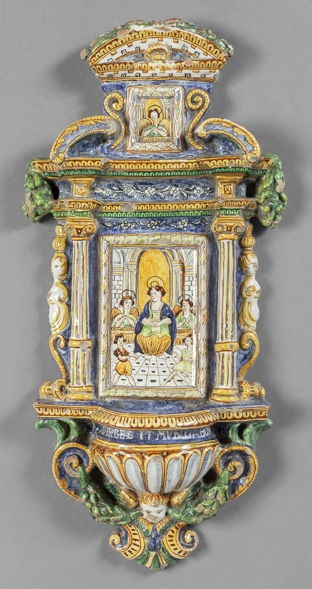 Acquasantiera in ceramica policroma, Italia Polychromer Keramikbehälter, Mitteli&hellip;