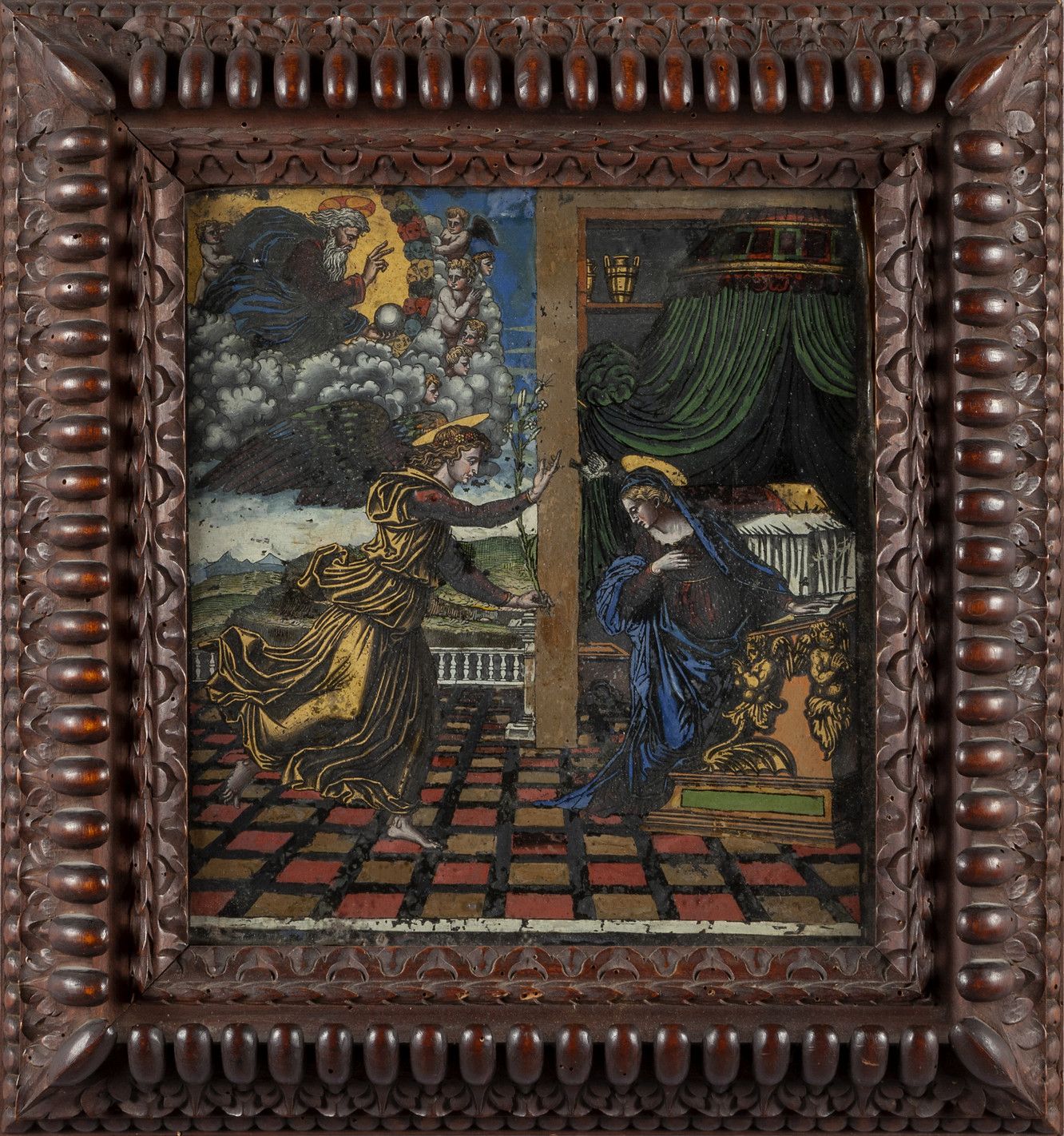"Annunciazione" grande placca in vetro "报喜 "大型彩绘玻璃牌，威尼斯 16世纪
27x30厘米