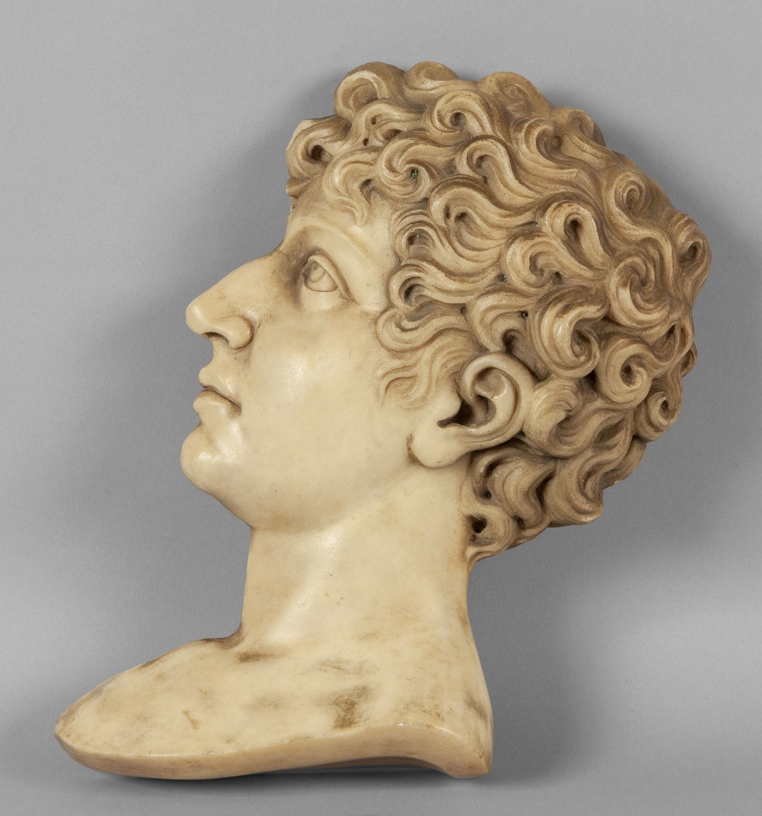 Profilo di giovane uomo, alabastro scolpito, 年轻人的轮廓，雕刻的雪花石膏，18世纪
cm. 24x h. 34