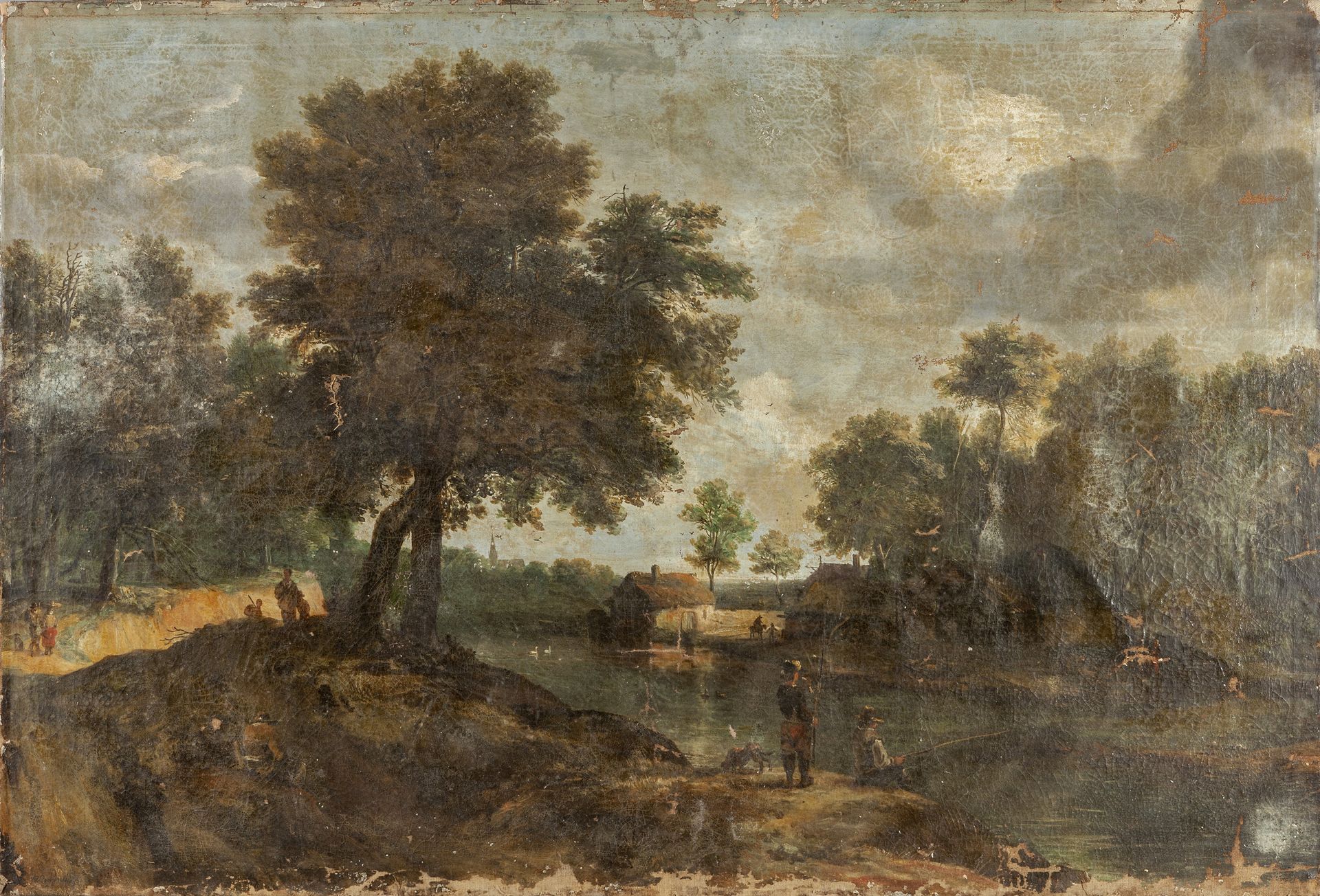 "Paesaggio con figure e pescatori" olio, f.To in "有人物和渔民的风景"，油画，B.W.
Cm. 172x115