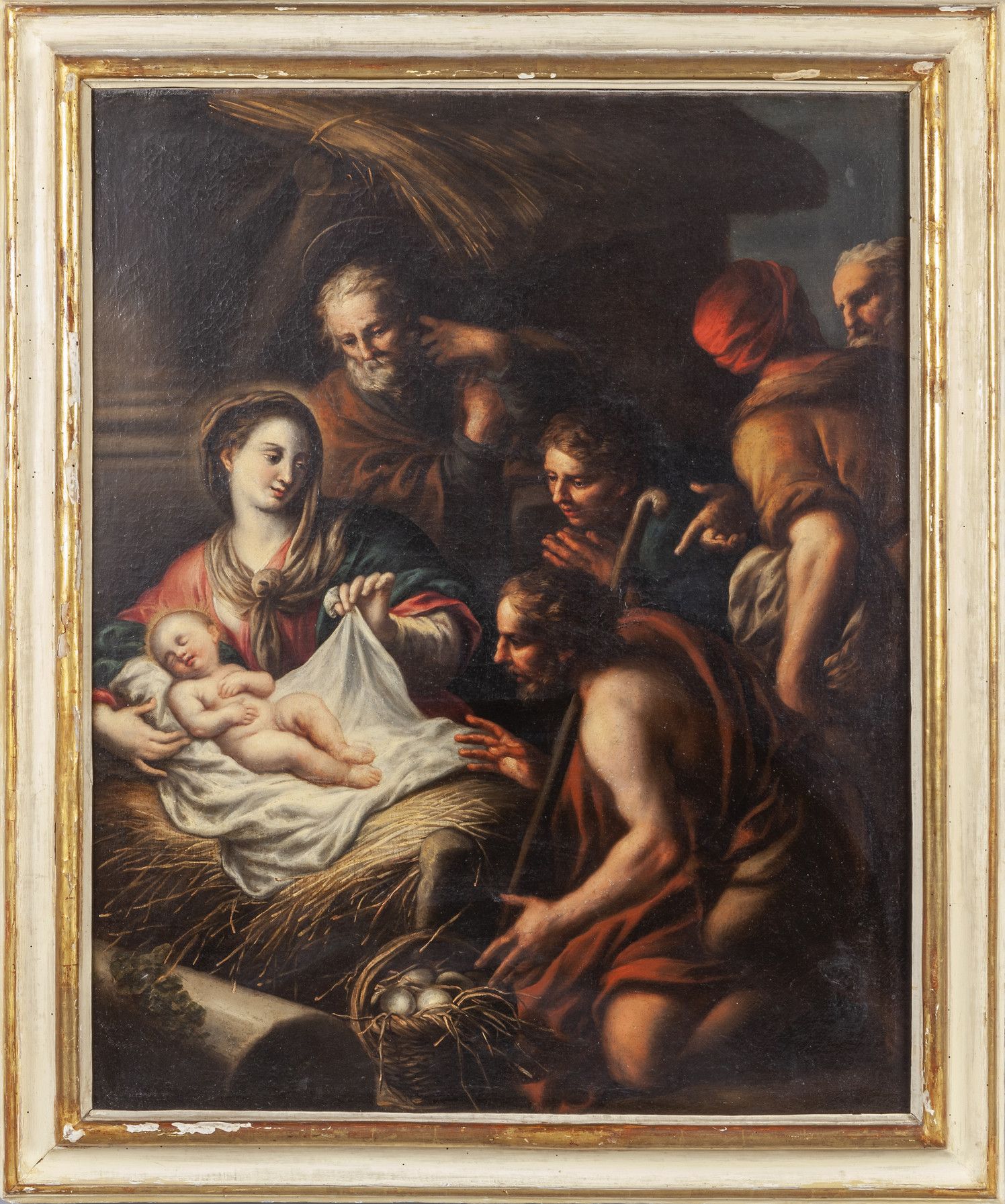 Null 
"The Adoration of the Shepherds" oil 18th century, contemporary carved and&hellip;