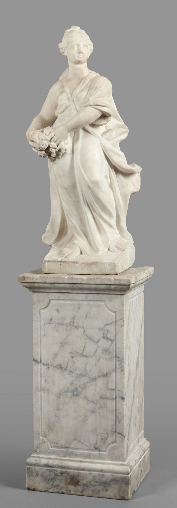 Flora, scultura in marmo con basamento, 弗洛拉，大理石雕塑与底座，18世纪
雕塑高78厘米，底座高65厘米