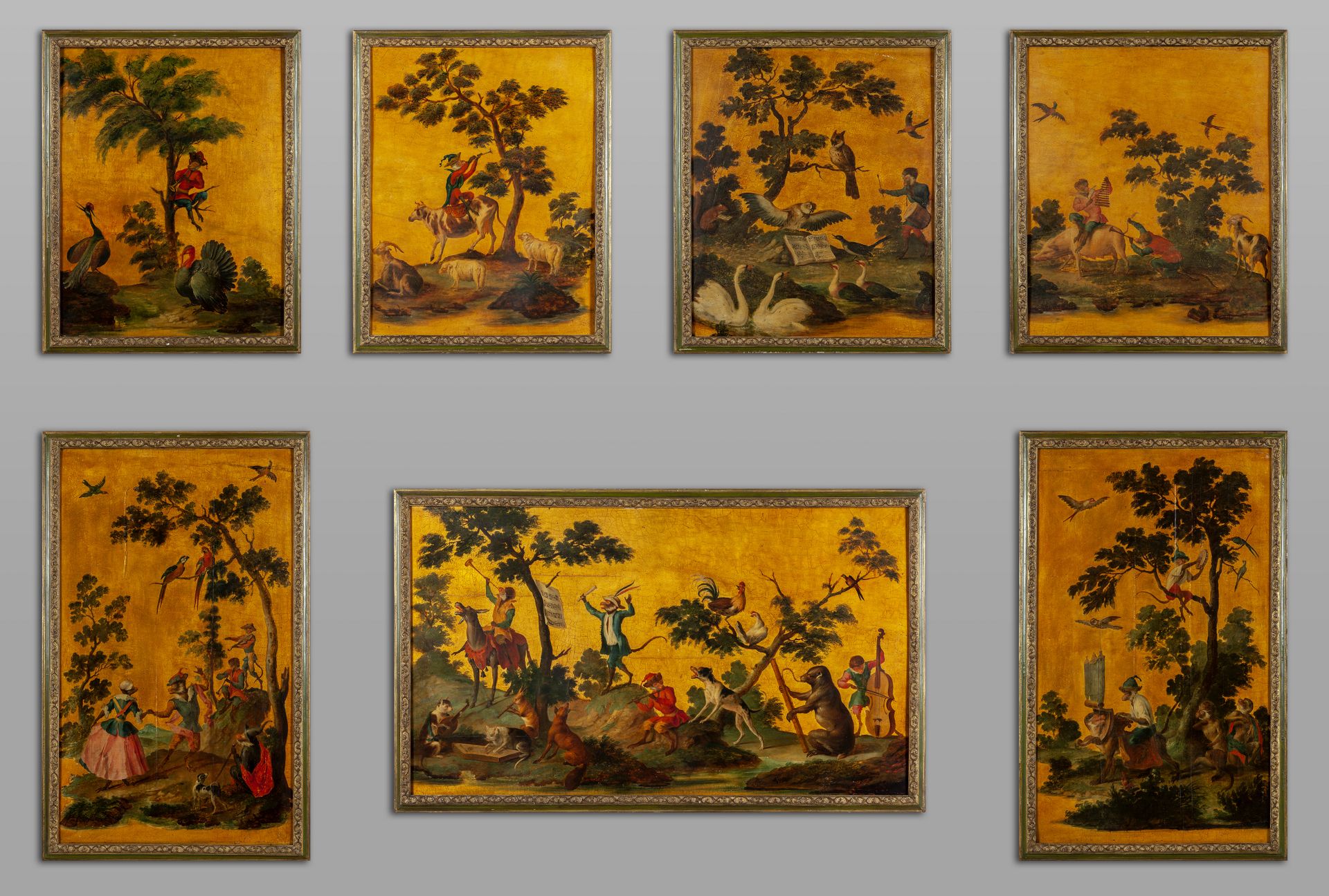 HUET CHRISTOPHE (1700-1759) HUET CHRISTOPHE (1700-1759)
"森林里的猴子结婚 "七块木板，金底多色油彩
2&hellip;