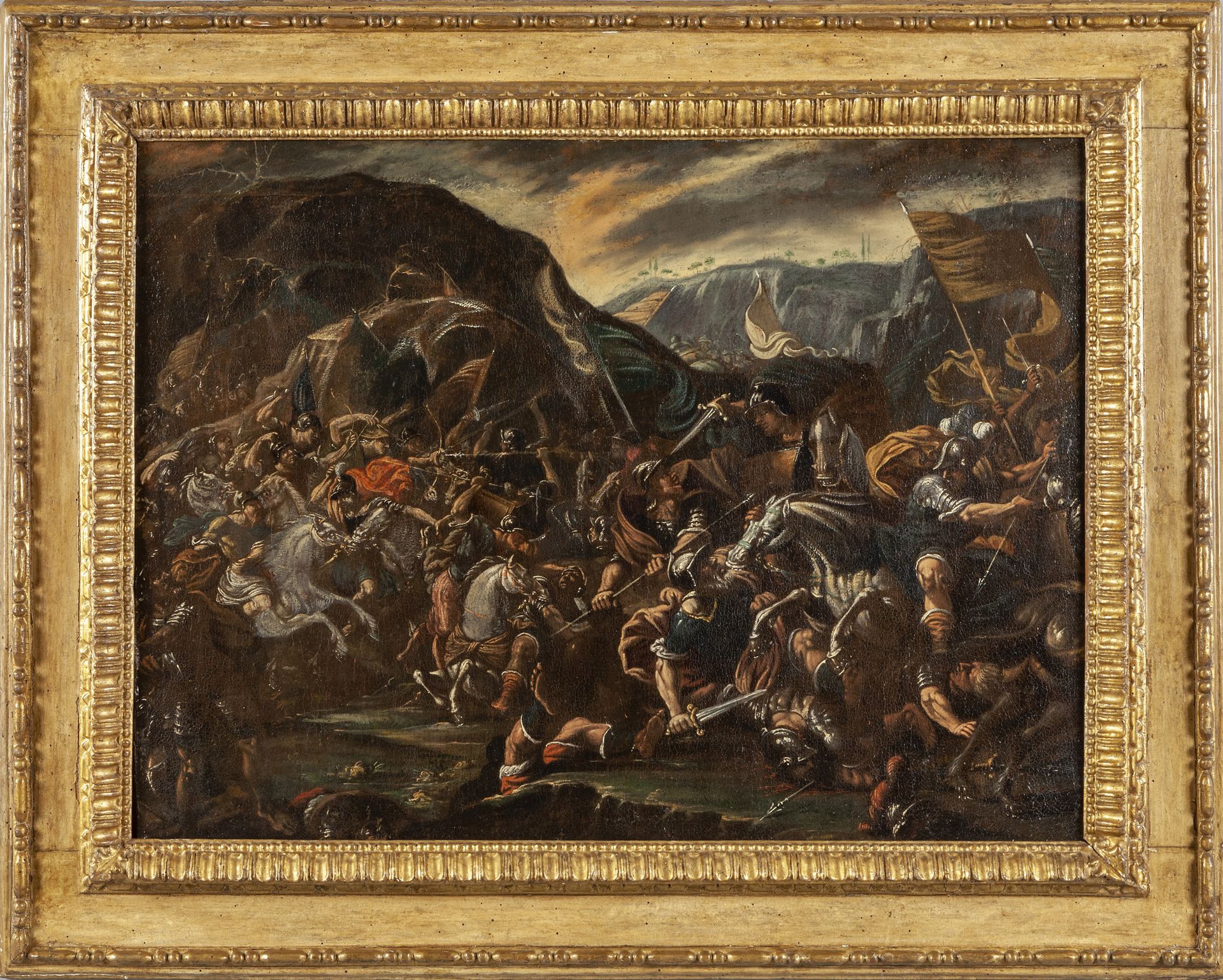 Scuola italiana sec.XVII "Battaglia" olio, 意大利学校17世纪的 "战斗 "油画，辉煌的当代雕刻和镀金的木质框架
cm&hellip;