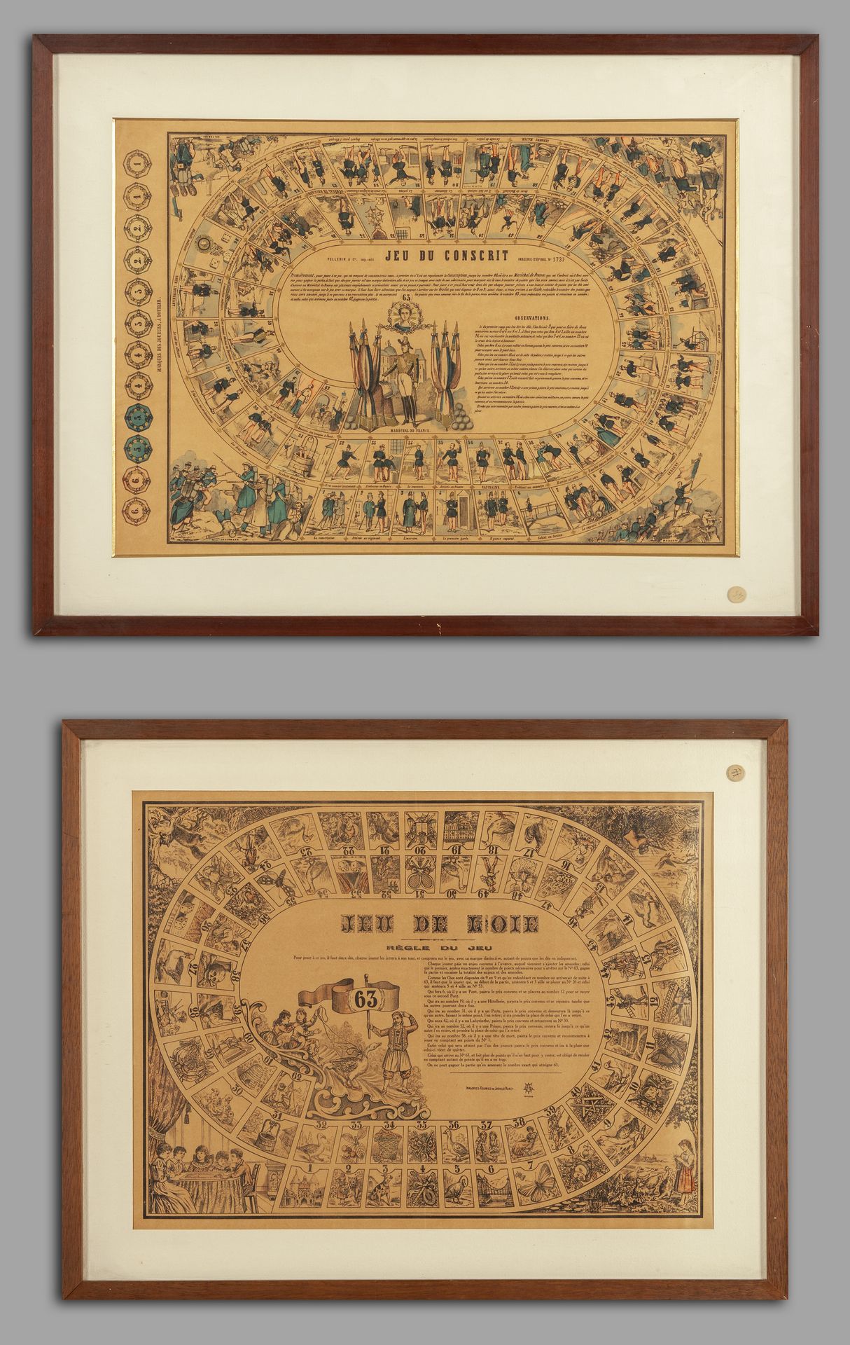OGGETTISTICA Jeu du conscrit et Jeu de l'oie deux gravures 19ème siècle