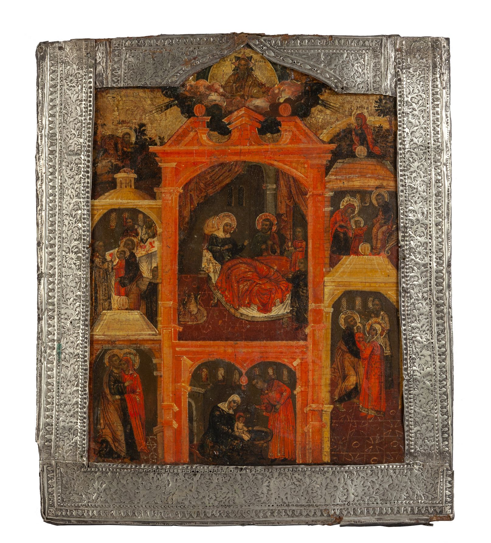 "Nascita della Vergine con Basma" icona, tempera "圣母与巴斯玛的诞生 "圣像，金属框架的蛋彩画板，18世纪
c&hellip;