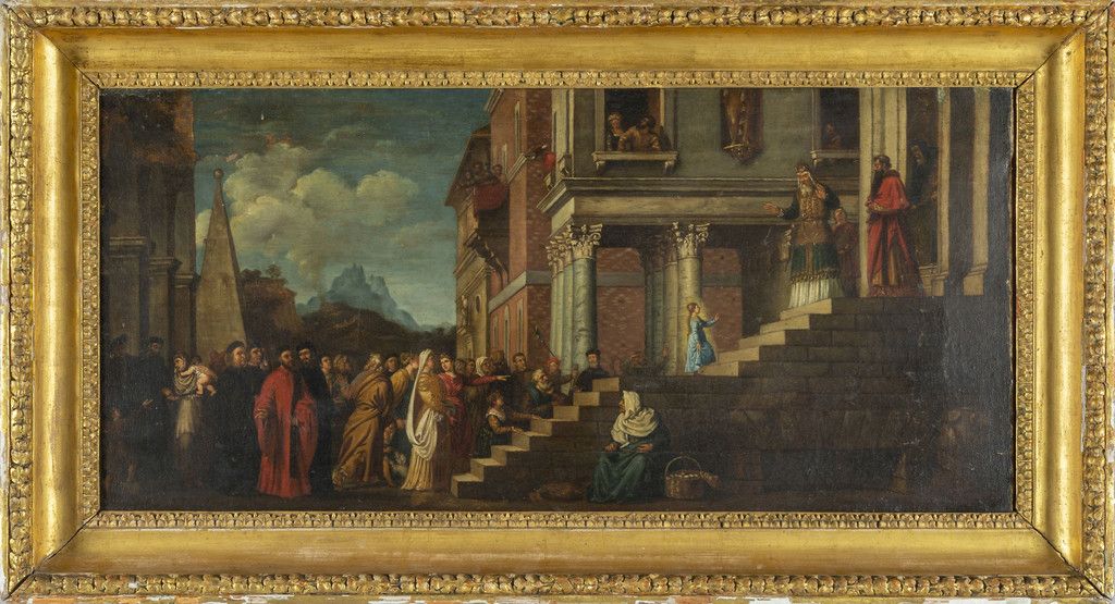 Scuola toscana sec.XVIII "Scena religiosa" 18世纪托斯卡纳学校 "宗教场景 "油画
cm. 85x40