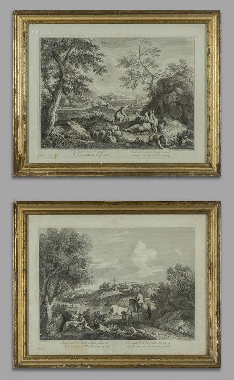 Paesi animati da pastori e animali, coppia di 由牧羊人和动物组成的村庄，一对版画，18世纪
厘米。48x36