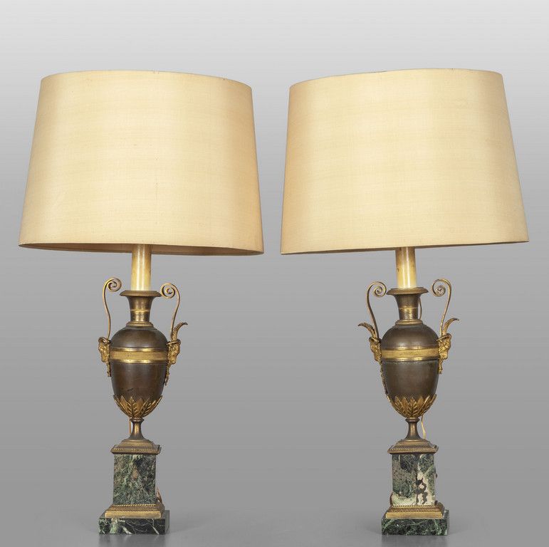 OGGETTISTICA Paire de vases Charles X en bronze doré et bruni adaptés à la lampe&hellip;