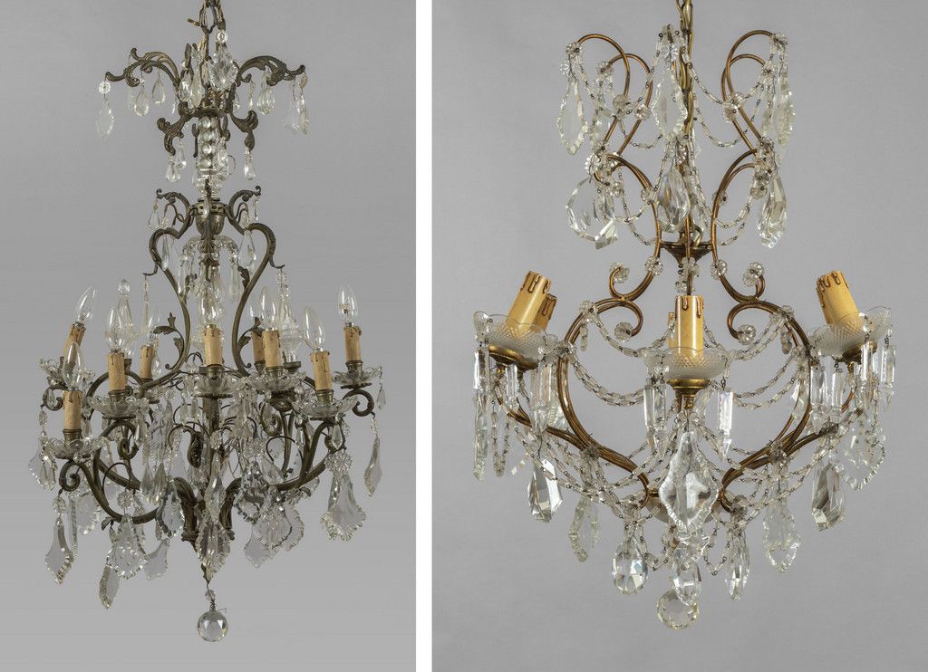 OGGETTISTICA Two different metal and crystal chandeliers one with 12 lights and &hellip;