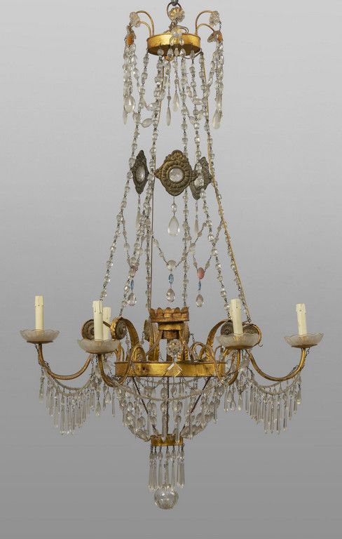 LAMPADARIO Araña imperio de seis brazos de chapa dorada y cristales Génova princ&hellip;