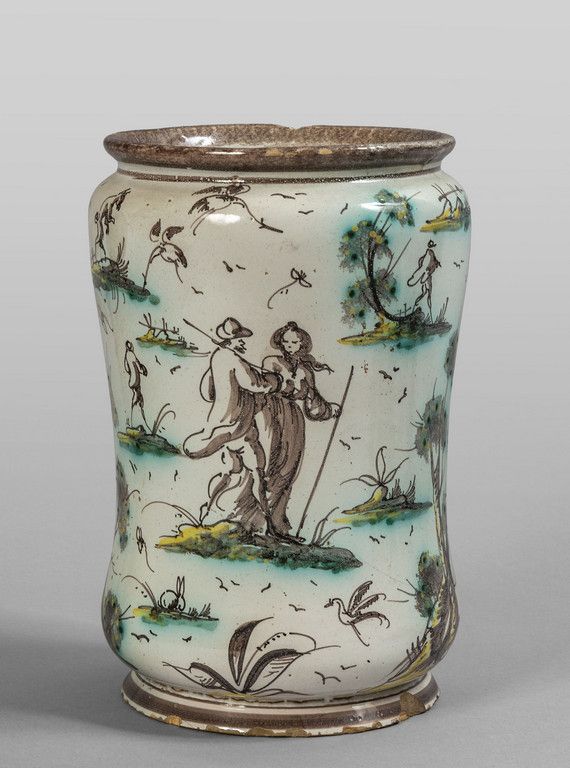 OGGETTISTICA Albarelo de cerámica decorado en policromía con personajes marca AL&hellip;
