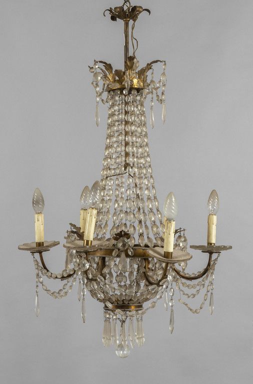 LAMPADARIO 帝国风格的金属板和水晶六灯吊灯 20世纪上半叶
diam.Cm.60xh.95