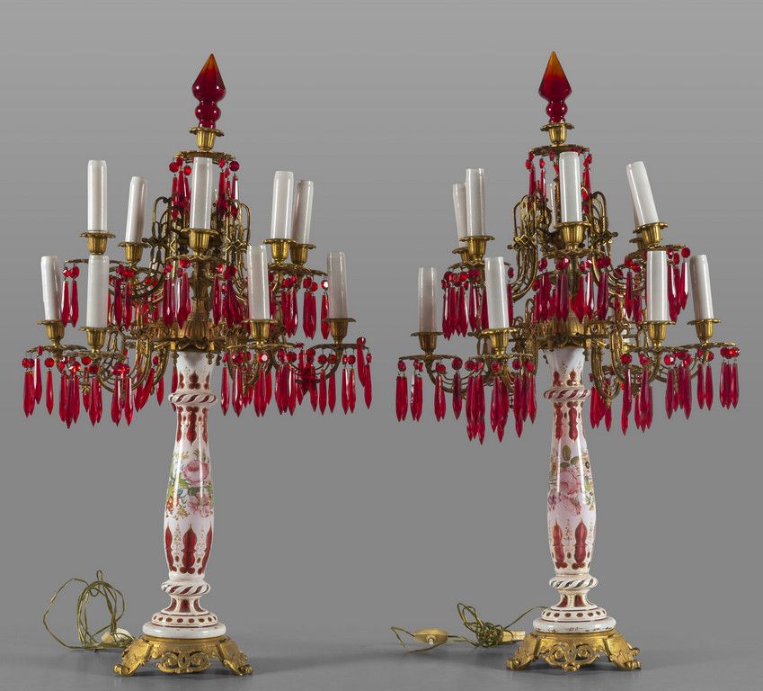 OGGETTISTICA 一对十二灯彩色玻璃和青铜烛台 法国 19世纪