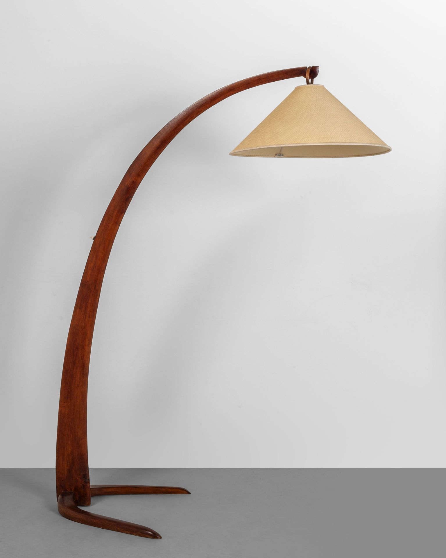 LAMPADA 1940s FLOOR LAMP. 
Aniline-stained wood plastic-coated woven fabric shad&hellip;
