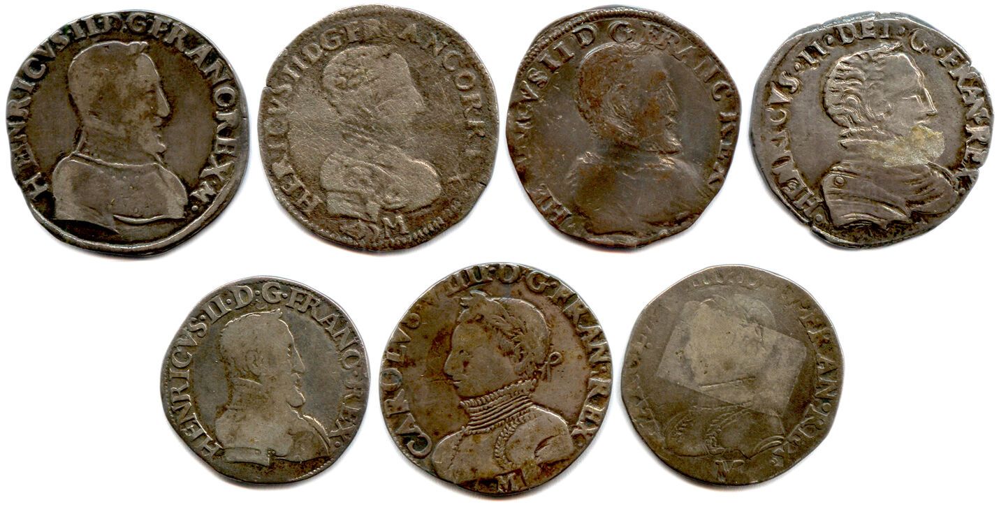 Null HENRI II y CHARLES IX
Lote de siete monedas de plata: Teston 1558 Lyon, Tes&hellip;