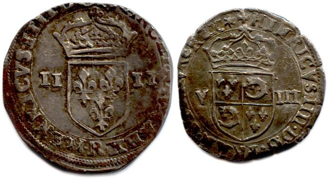 Null HENRI IV 1589-1610
Lot de deux monnaies en argent :
Quart d'écu au lis
1603&hellip;