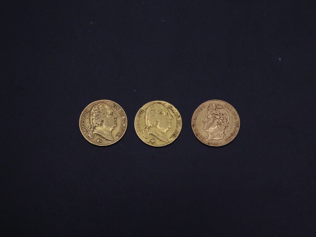 Null Trois pièces de 20 francs or : Louis XVIII 1817 et 1818 A et Louis Philippe&hellip;