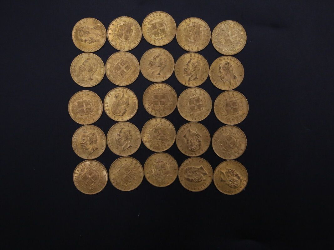 Null 25 pièces de 20 lires en or jaune - 161.49 g