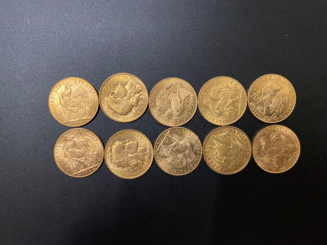 Null Dix pièces de 20 francs or - 64.59 g