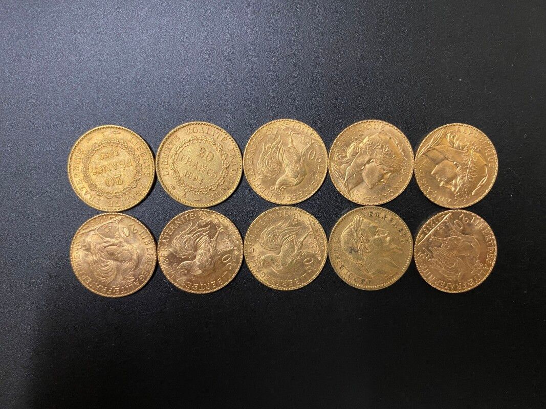 Null Dix pièces de 20 francs or - 64.54 g