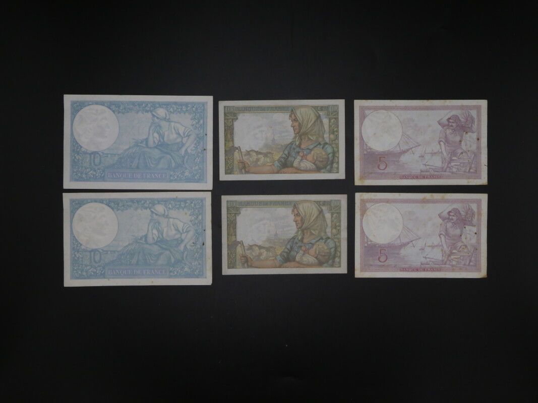 Null BANQUE DE FRANCE, ensemble de six billets : 5 francs type 17 violet (x 2) /&hellip;