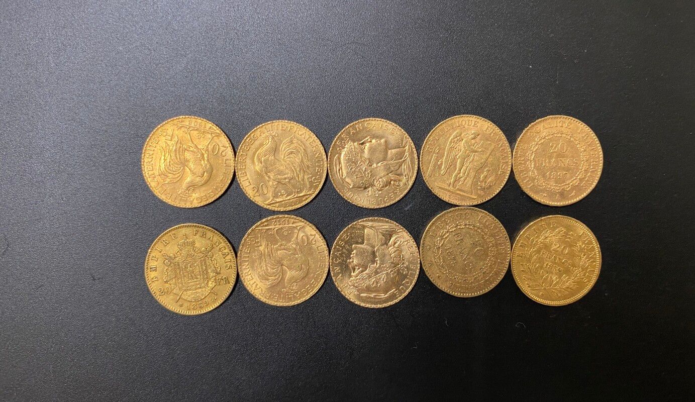 Null Dix pièces de 20 francs or - 64.51 g