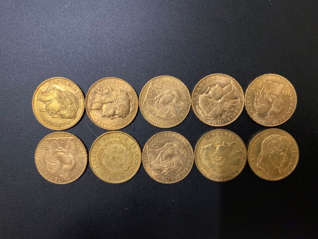 Null Dix pièces de 20 francs or - 64.50 g