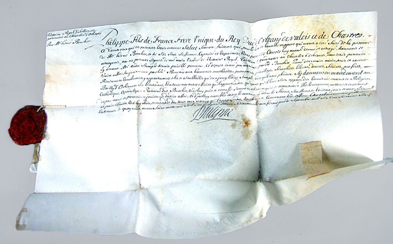 Null * 214. Brevet de notaire royal, manuscrito en pergamino con sello (roto), 1&hellip;