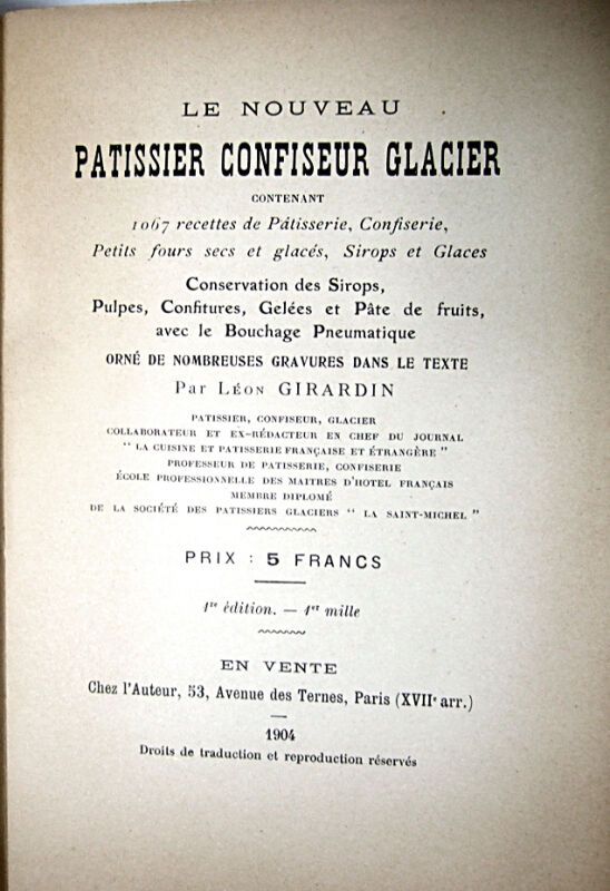 Null 94. GIRARDIN (Léon). Le nouveau pâtissier confiseur glacier contenant 1067 &hellip;