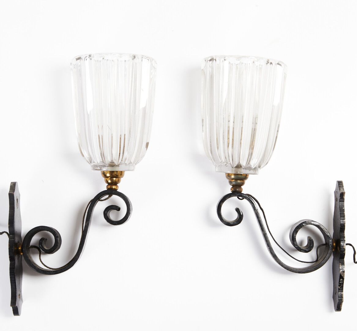 Null Pair of one-light sconces in black lacquered forged metal and moulded glass&hellip;