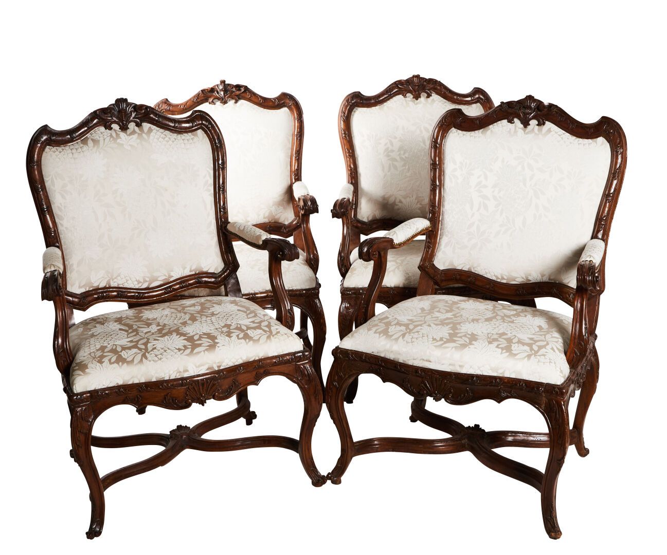 Null Suite of 4 carved walnut armchairs with flat back.

Legs cambered with X-sh&hellip;