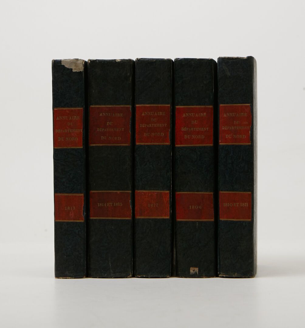 Null BOTTIN, Sébastien.北部省统计年鉴》。里尔，马利埃，达内尔，1806-1817年，5卷8册。Frontispiece.复古平装书，红色&hellip;