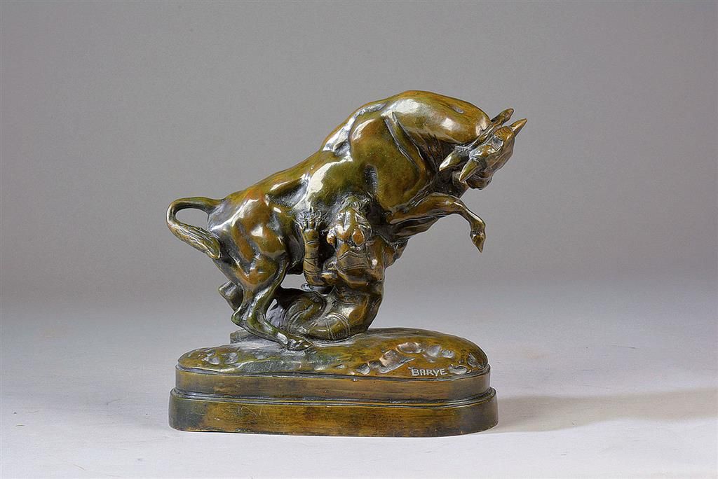 Null 安托万-路易斯-巴里(Antoine Louis BARYE) (1796-1875)
"被老虎袭击的公牛"。
青铜，有棕色的铜锈。
已签名。
高度：&hellip;