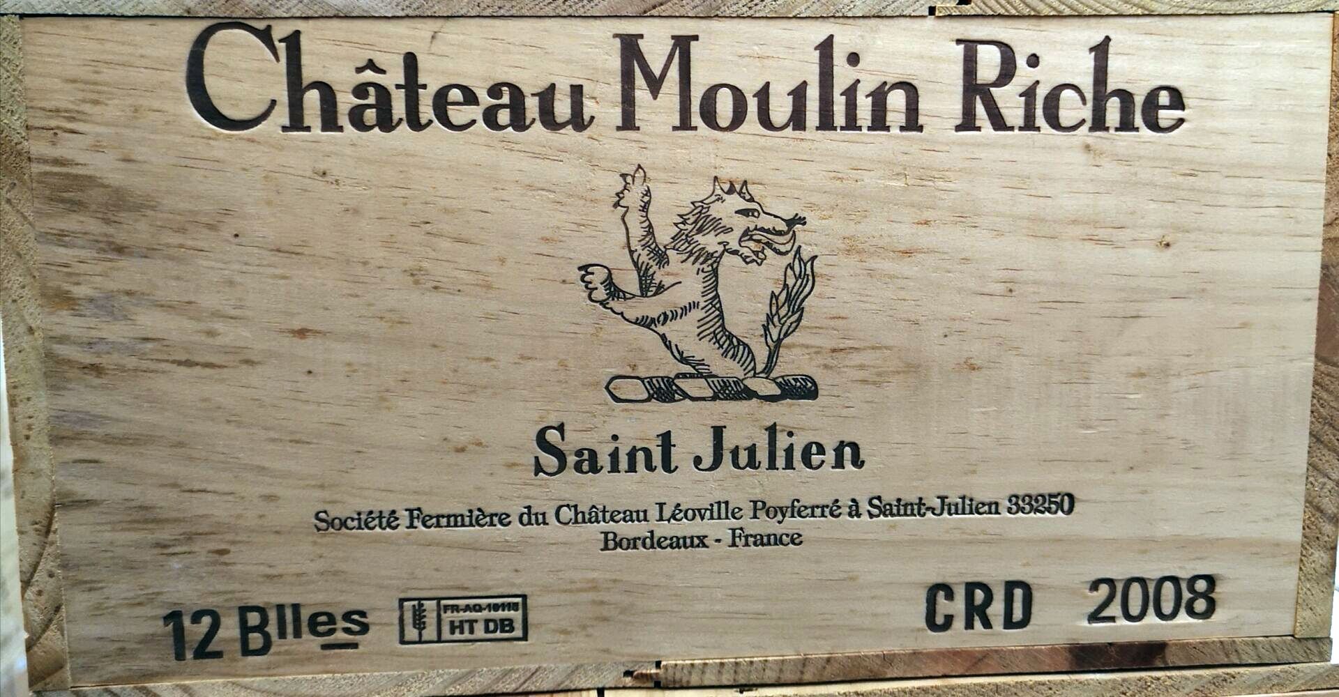 Null 12 bouteilles Château MOULIN RICHE - Saint Julien 2008 
En caisse bois.