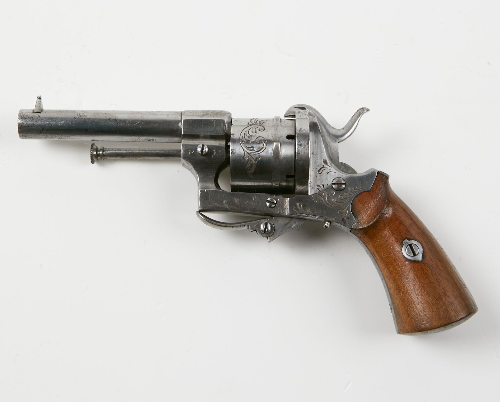 Null Pinfire revolver, six-shot, 7 mm caliber. 
Open frame and cylinder engraved&hellip;