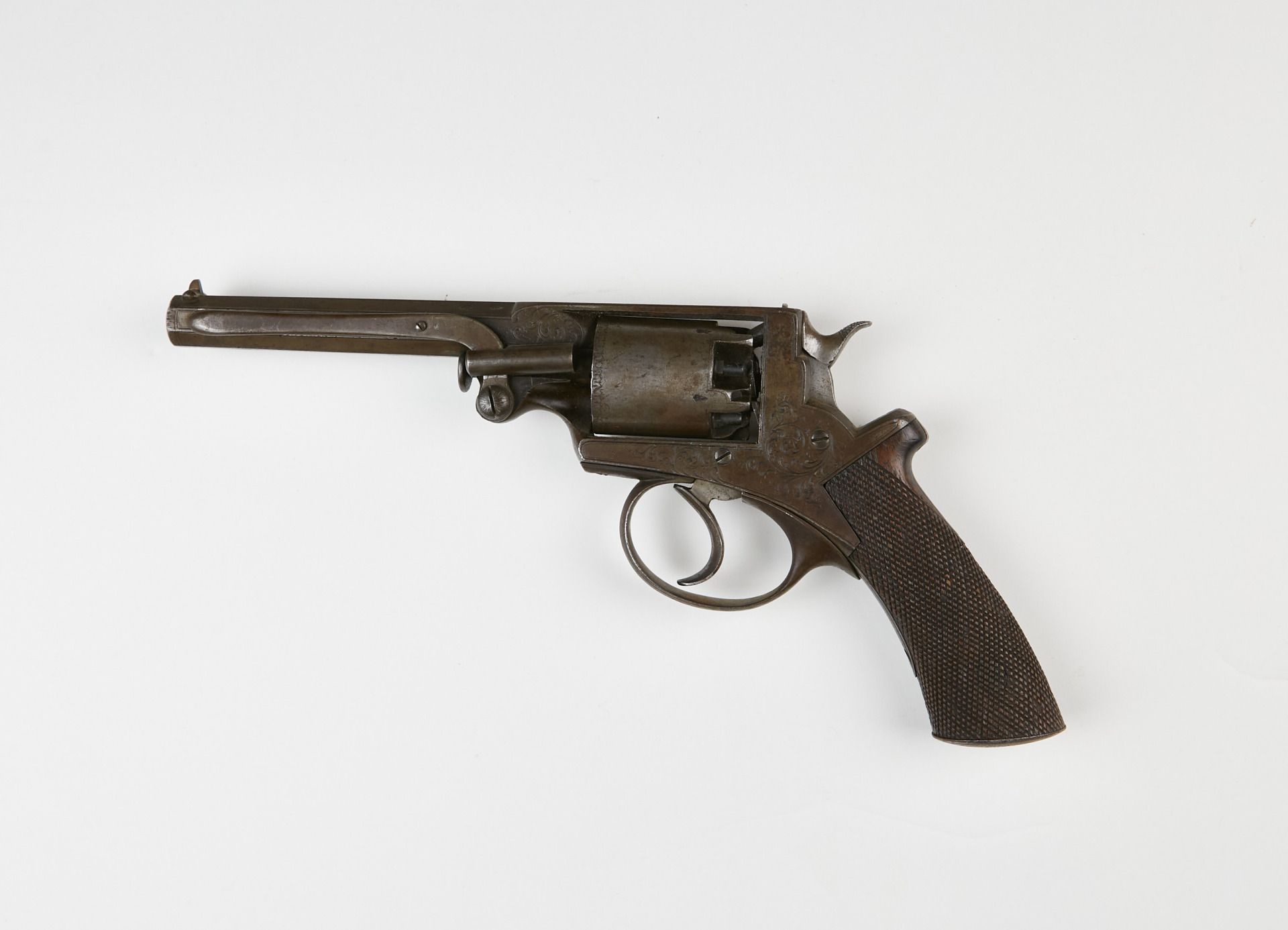Null Adams five-shot percussion revolver, 44 caliber.
Bladed barrel, closed fram&hellip;