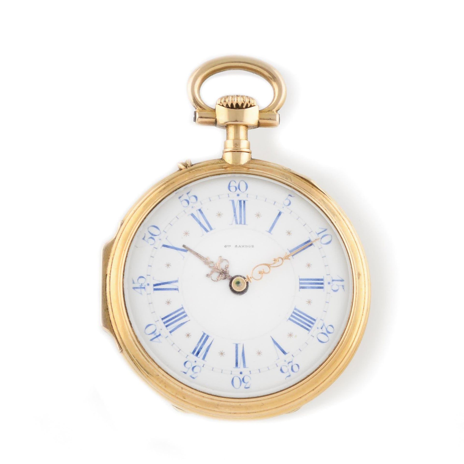 Null GUSTAVE SANDOZ 巴黎的海军钟表师。编号：41XXX。750/1000的黄金古瑟表，表盖上有珍珠花环装饰，背景是皇家蓝色。罗马数字代表小时&hellip;