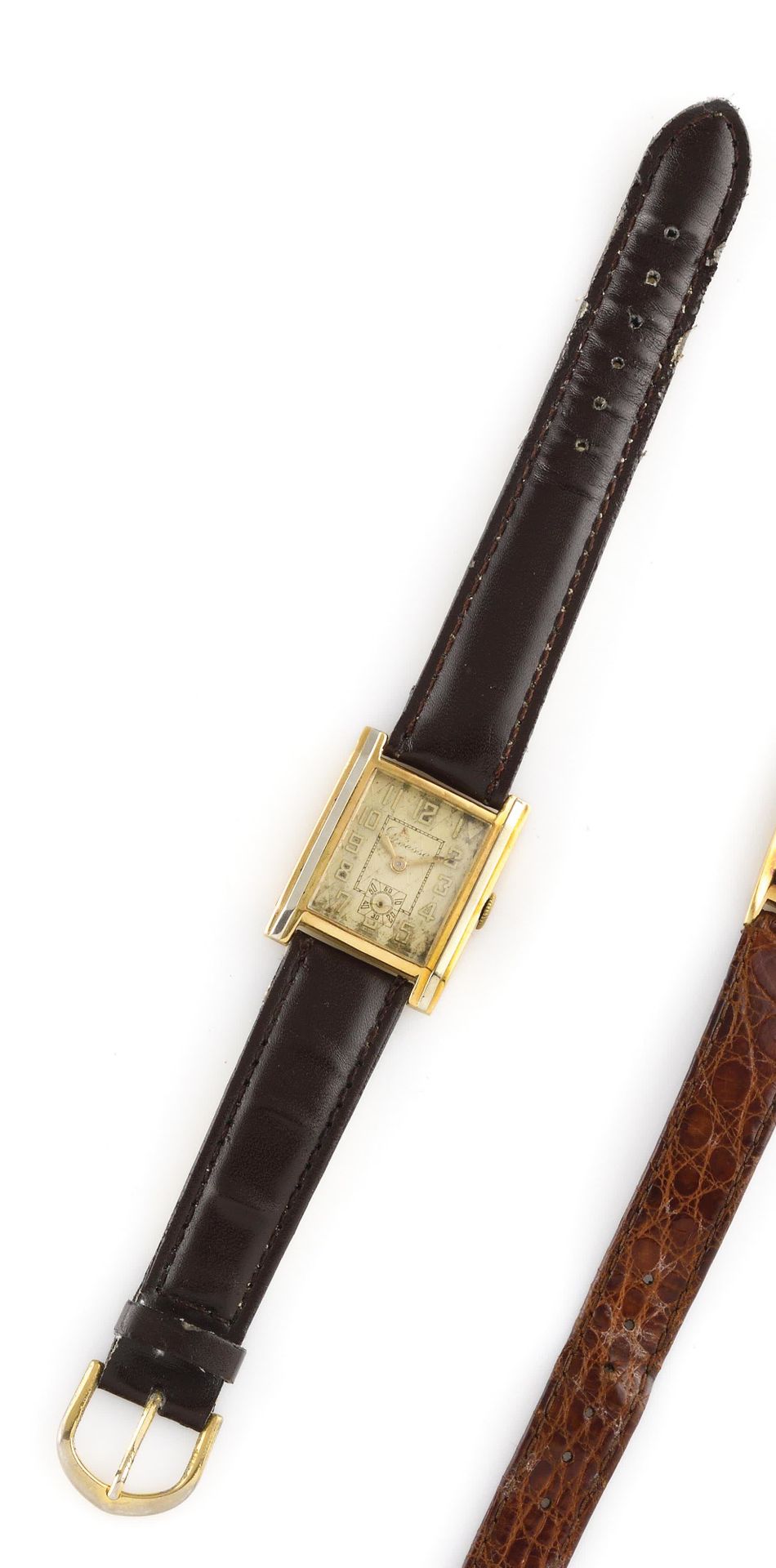 Null DEESSE About 1920. Men's wristwatch in 18K gold, rectangular case, gilt dia&hellip;