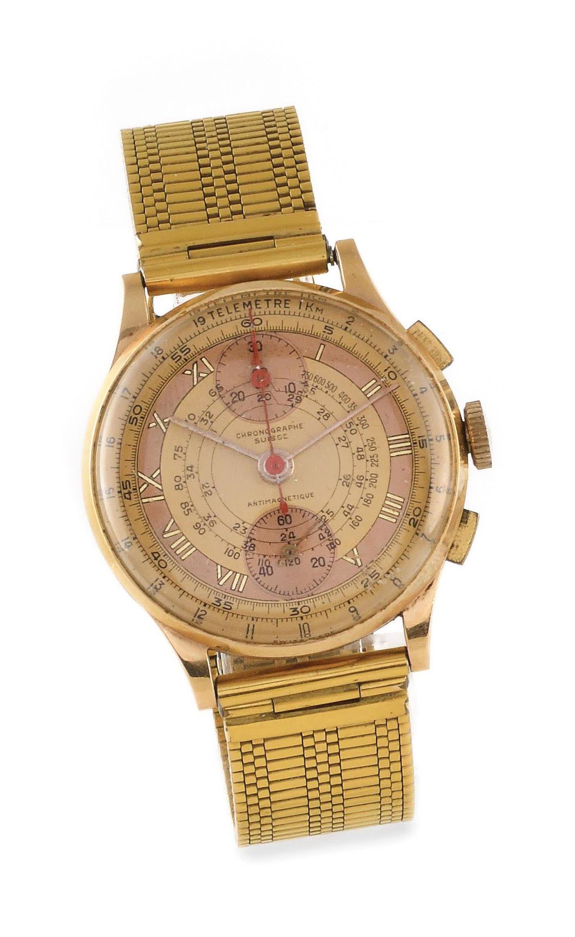 Null CHRONOGRAPHE SUISSE Vers 1960. Montre bracelet en or jaune 750/1000, boitie&hellip;