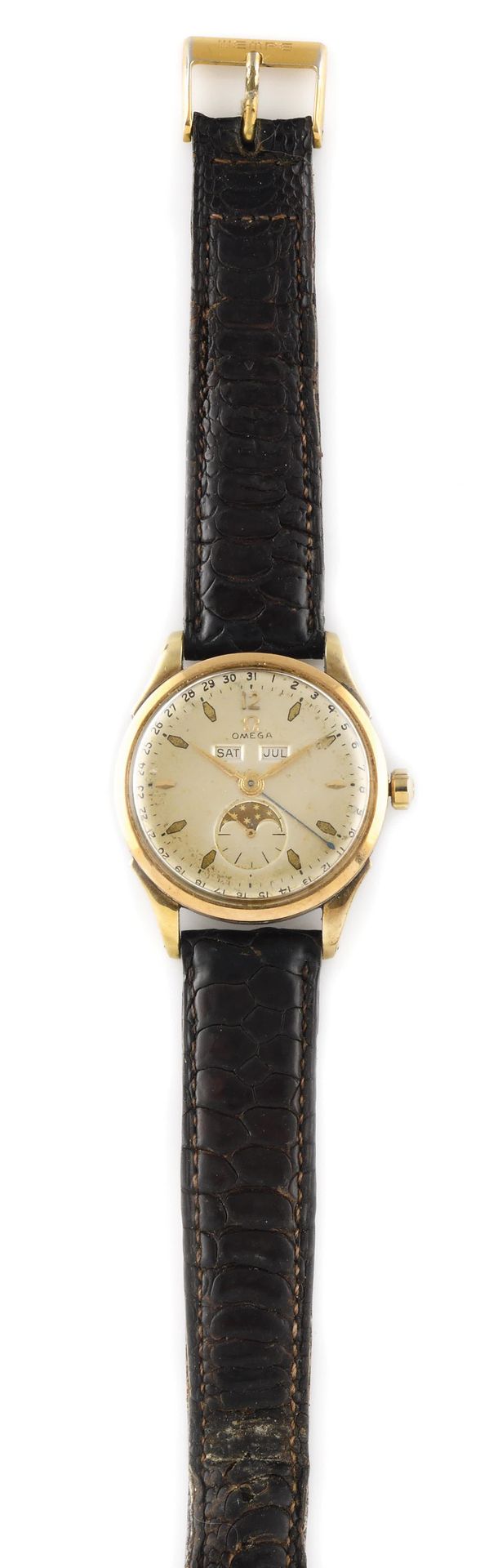 Null OMEGA Moonphase About 1950. Yellow gold-plated wristwatch, round case, sign&hellip;