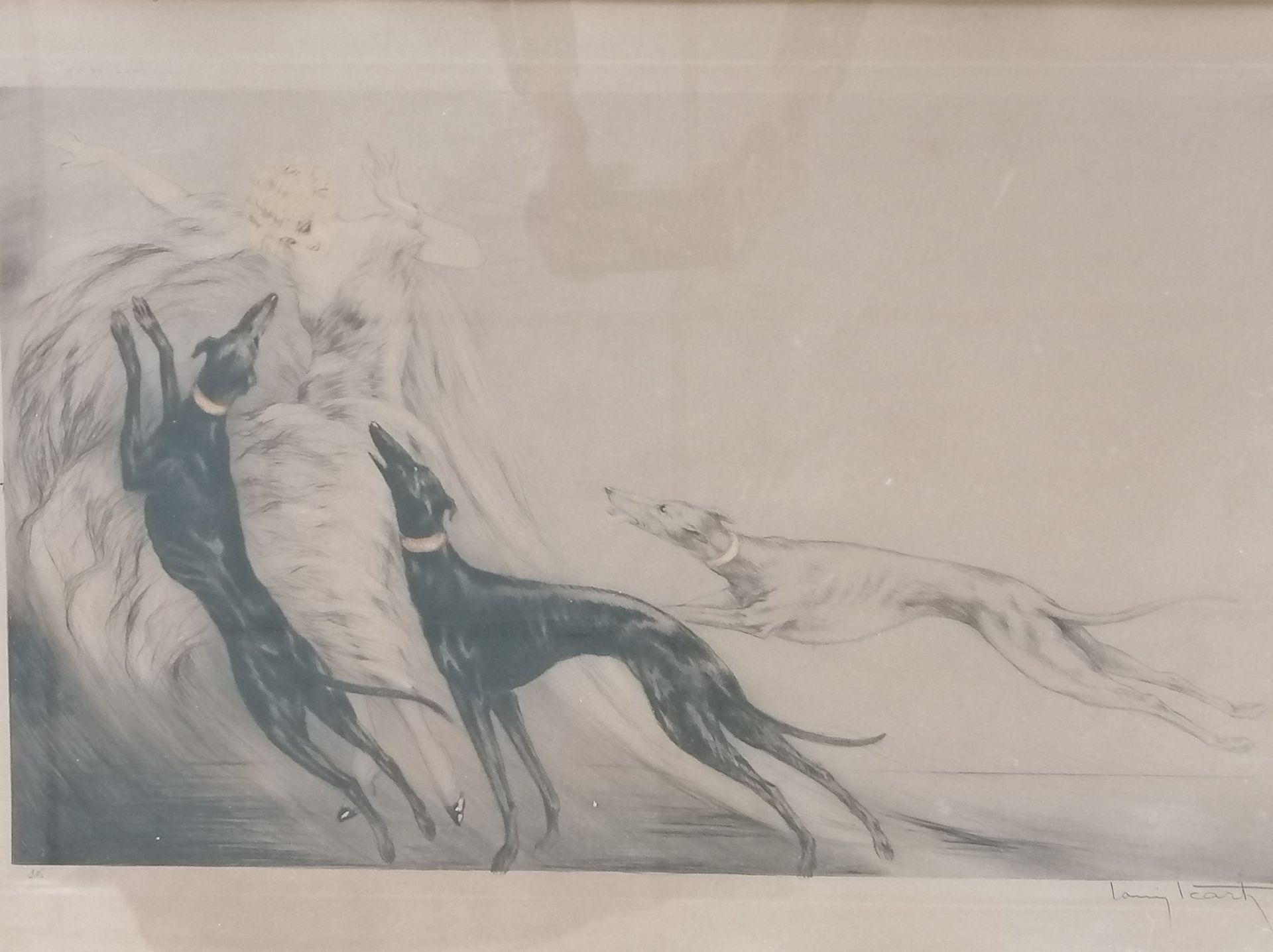 Louis ICART (1888-1950) Louis ICART (1888-1950)

带着灰狗的女人。

石版画

粗糙的木质框架

49,5x73&hellip;