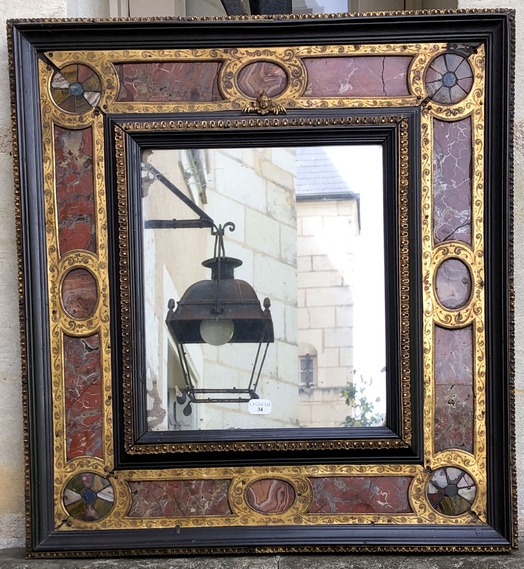 Null 黑漆木、青铜、黄铜、大理石和硬石镶嵌的长方形镜子。 17世纪，高42厘米-宽38.5厘米（状况相当好）。