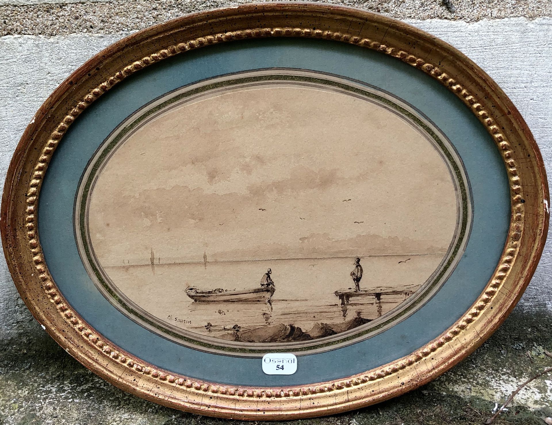 Null Charles SAURIN (XIX) Escena animada de un barco en un lago Vista ovalada La&hellip;
