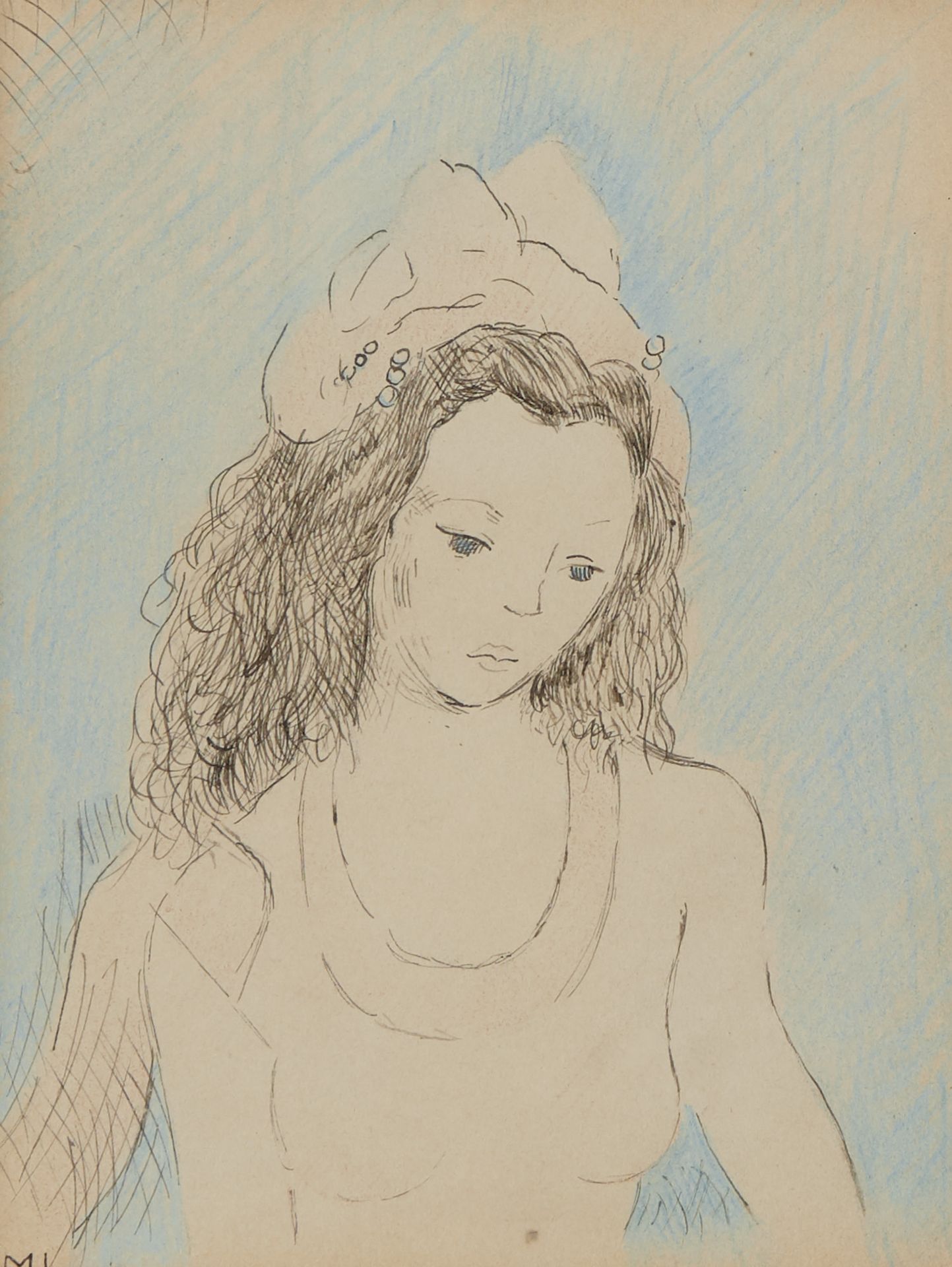 Null MARIE LAURENCIN (1883-1956) 戴帽子的年轻女孩 蓝色铅笔和印度墨水 左下方有签名 14.5 x 11.5 cm
