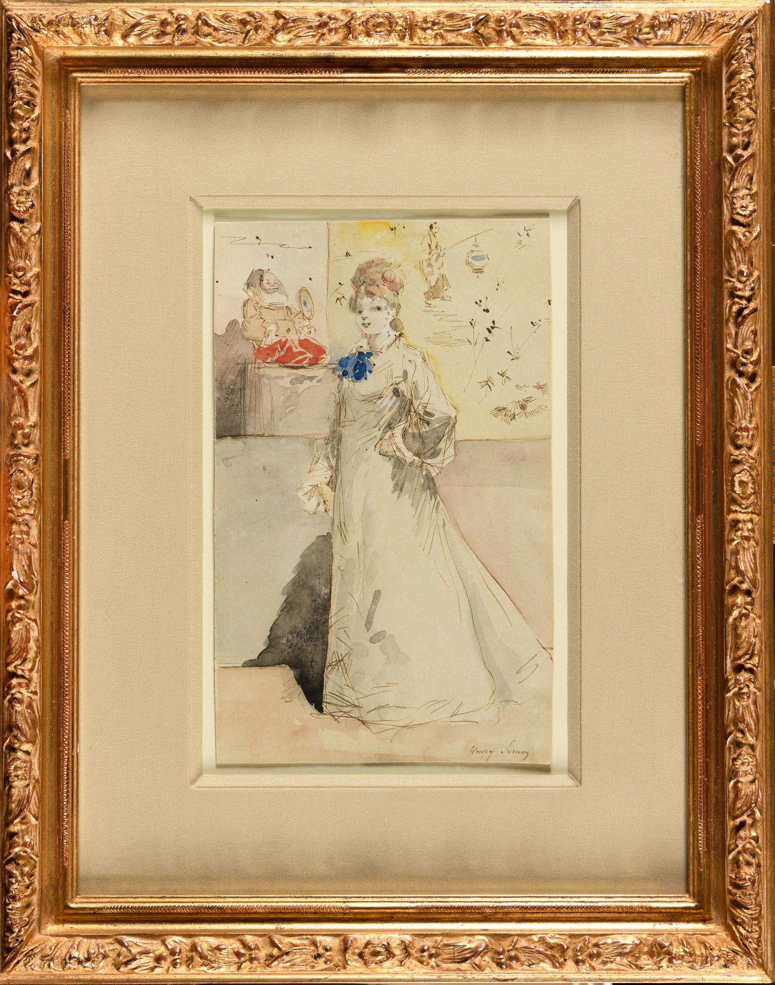 Null HENRY SOMM (1844-1907) Jeune fille dans un décor Extrême-Oriental Aquarelle&hellip;