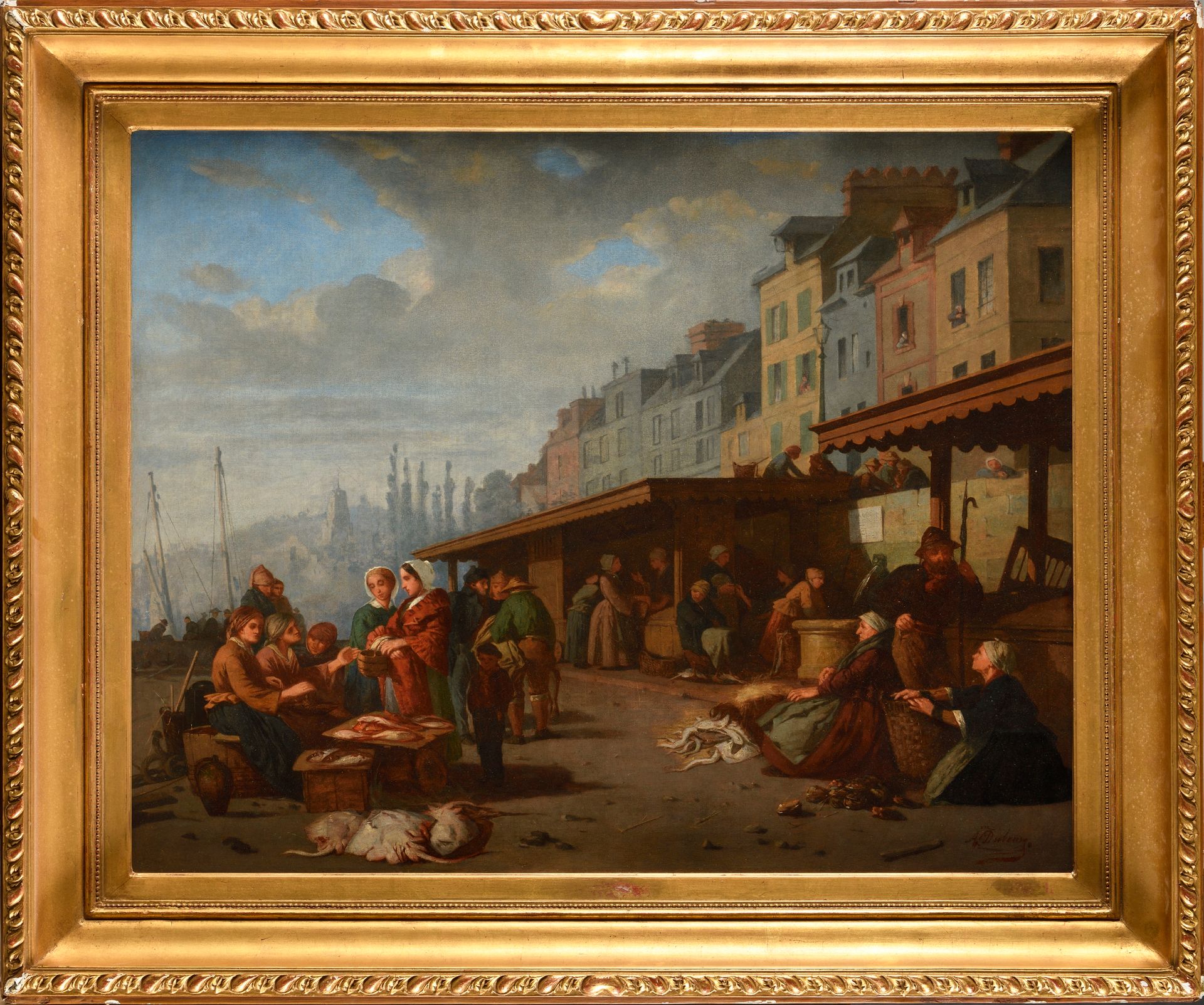 Null HIPPOLYTE CAMILLE DELPY (1842-1910) 塞纳河畔的洗衣妇 板面油画 右下方有签名章 44 x 69 cm
