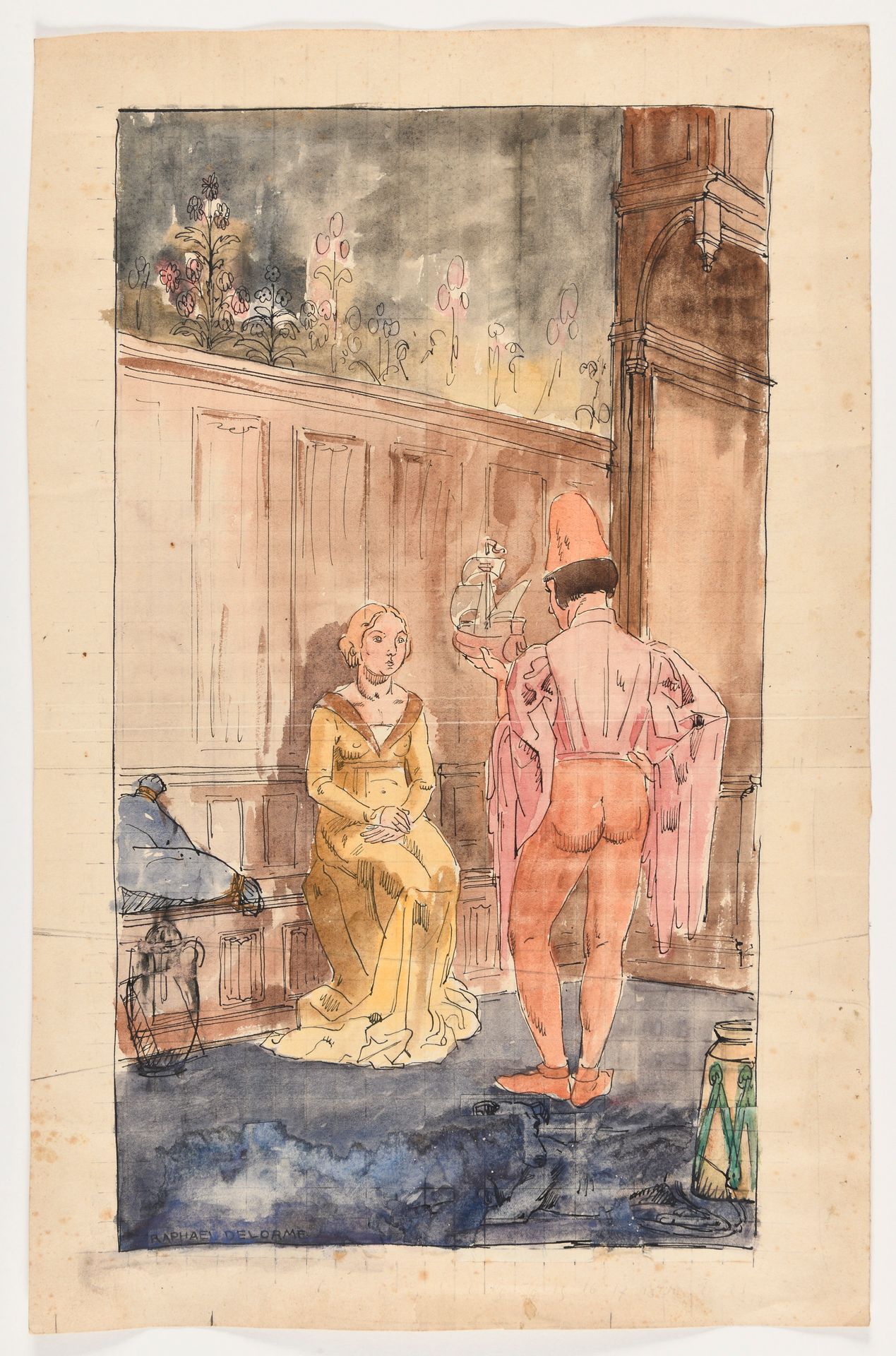 Null RAPHAËL DELORME (1885-1962) 展示船模的歌妓 纸上水彩和墨水 签名："RAPHAËL DELORME"（左下） 43 x 2&hellip;