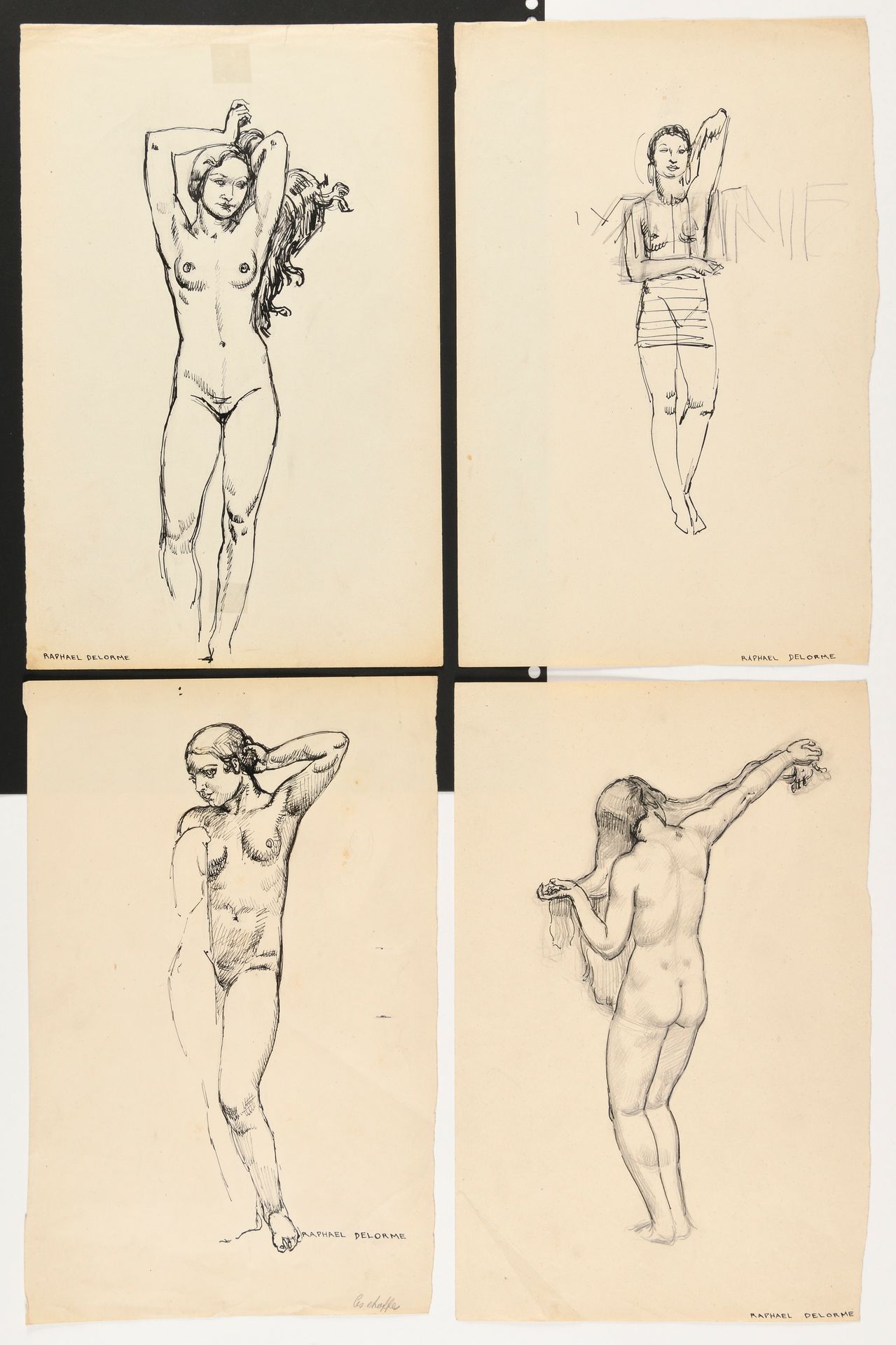 Null RAPHAËL DELORME (1885-1962) 长发女人和女人的研究 四张套画 纸上墨迹签名 "RAPHAEL DELORME" 31 x 2&hellip;