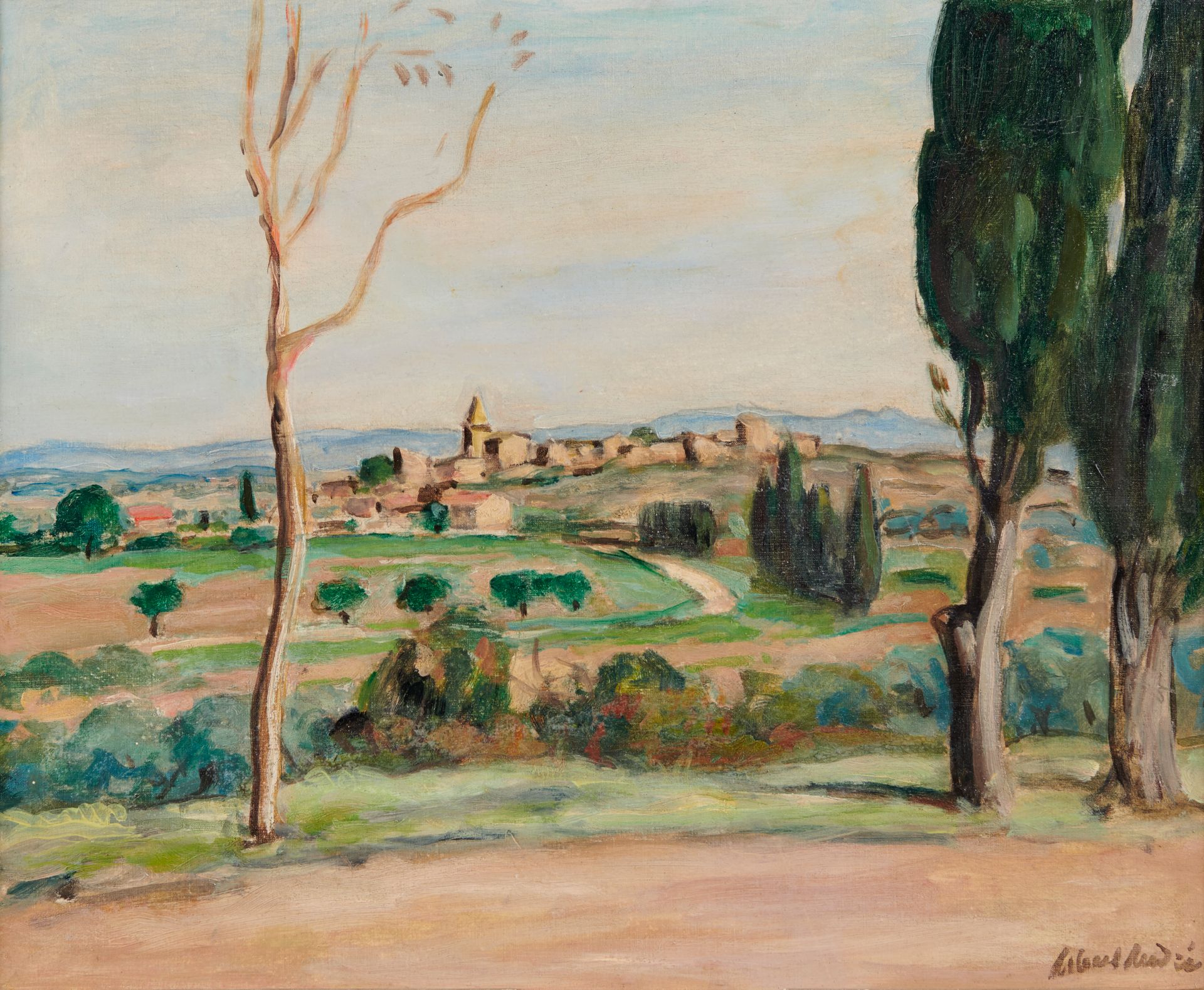 Null ALBERT ANDRÉ (1869-1954) Rochefort-sur-Gard村的景色 布面油画 右下角有签名，位于背面 37,5 x 46 &hellip;